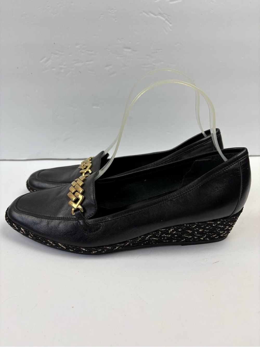 Sesto Meucci Women Black Gold Leather Wedge Loafer Slip-On Chain Square Toe 8.5